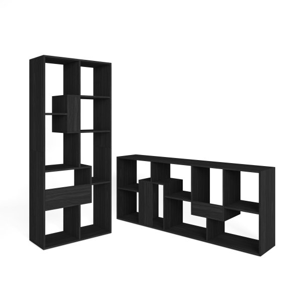 Bibliothèque étagère murale 162x67x31 cm avec rangement couleur noir, design industriel minimaliste pour salon et bureau